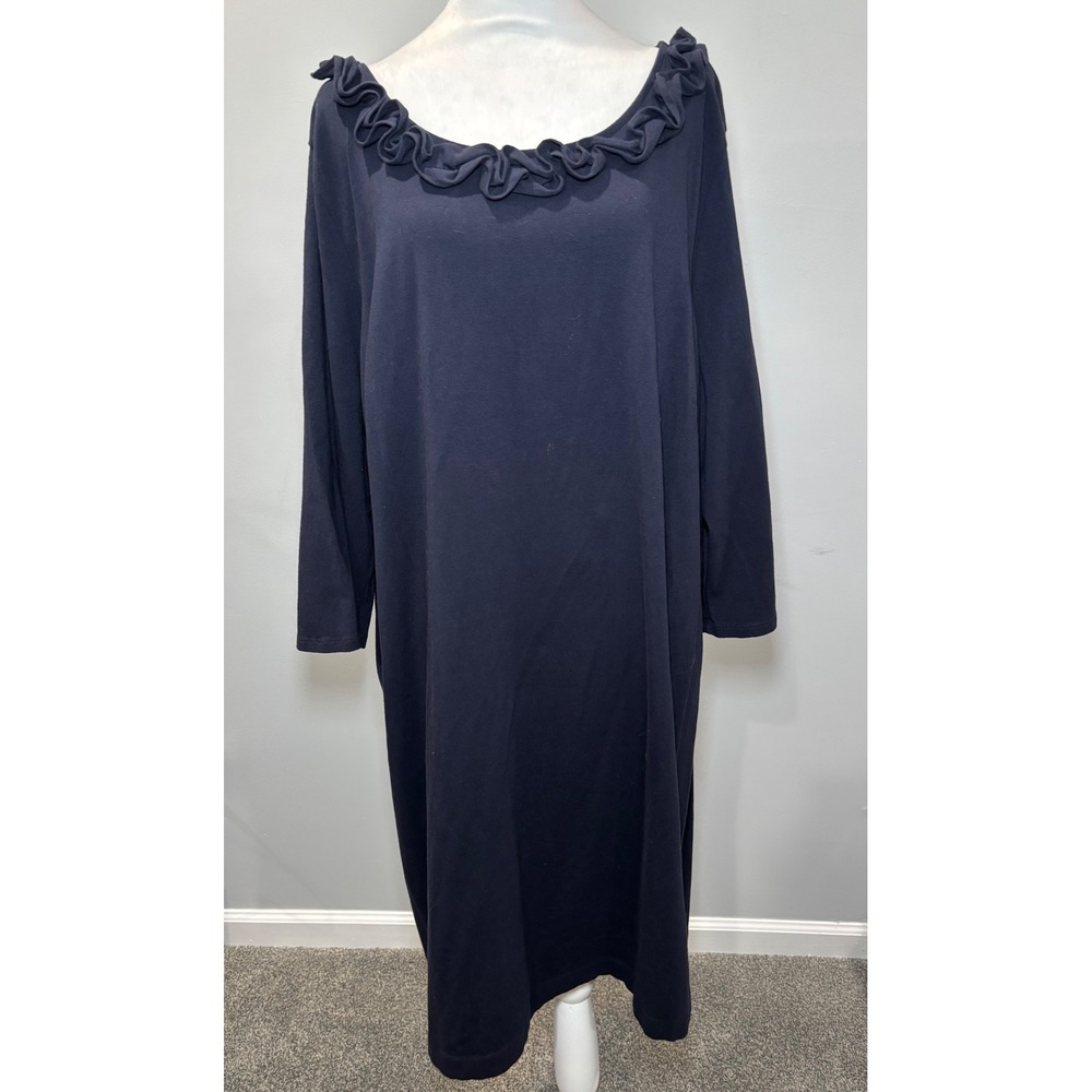 Talbots Woman Knit Shift Dress 3X Navy Blue Ruffle Neckline 3/4 Sleeve Plus Size